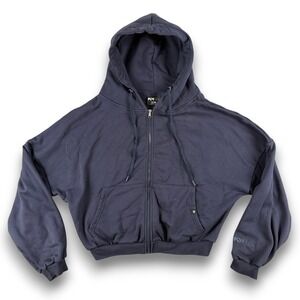 POPFLEX Full Zip Hoodie Womens S/M‎ Navy Blue Cropped Oversized Fleece Jacket
